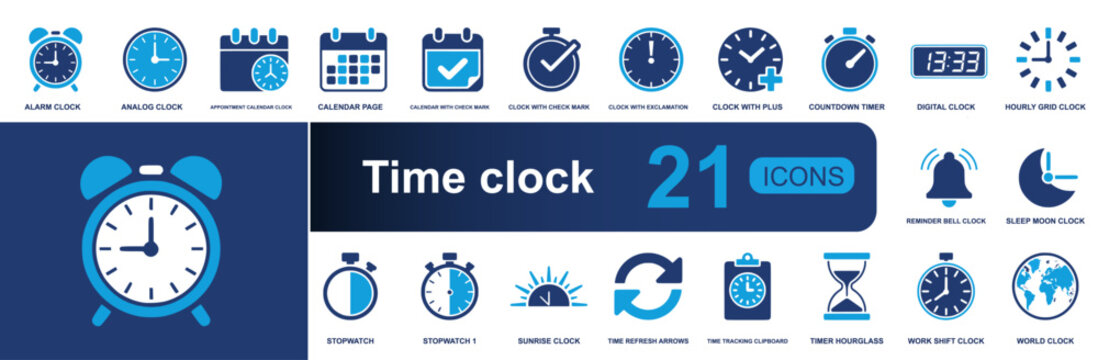 Time clock icon set. Containing alarm, analog, appointment, countdown, digital, reminder, stopwatch, timer, world clock, calendar, schedule and more. Solid fill vector icons collection.