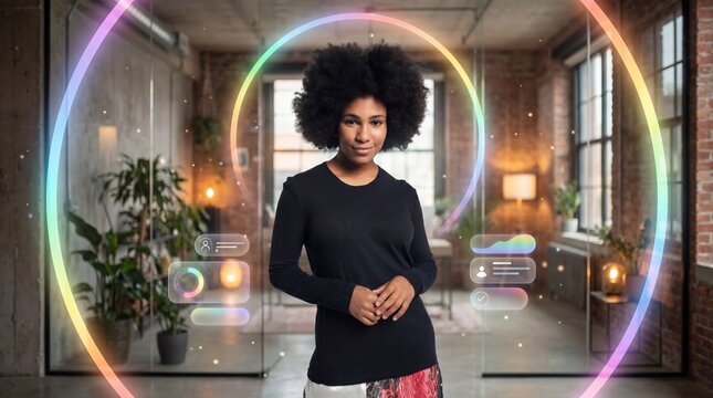 Discerning woman with afro interacting with personalized data interface in modern loft space