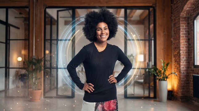 Charismatic woman with afro engaging with circular data interface in creative studio space