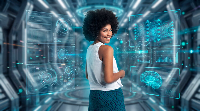 Visionary woman without afro exploring advanced AI dashboard with neural network visualization
