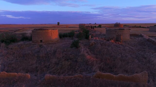 Aerial view from a drone of ancient dovecotes in the Tierra de Campos Region, Palencia Province, Castile and Le&oacute;n, Spain, Europe
