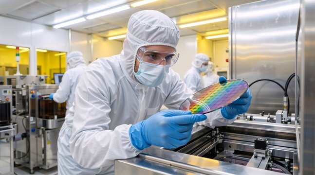 Male technician in sterile cleanroom suit inspecting a silicon wafer. Semiconductor manufacturing engineer working with microelectronics equipment in a high tech laboratory