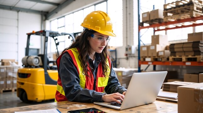 Female warehouse manager working on a laptop. Young woman in hard hat and safety vest checking inventory in a distribution center. Industrial logistics and supply chain concept