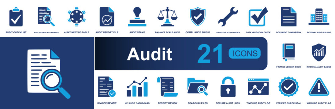 Audit icon set. Containing checklist, report file, stamp, compliance shield, data validation, ledger book, invoice review, secure lock, verified seal and more. Solid vector icons collection.