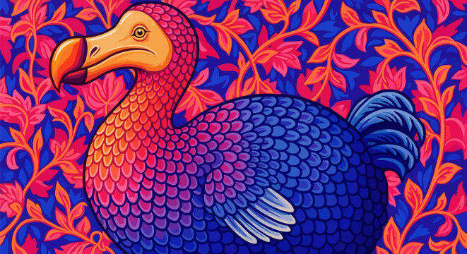 Colorful dodo bird illustration with floral pattern background vector
