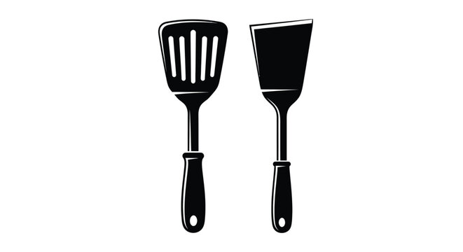 Black kitchen spatulas and slotted spoon depicted in a simple silhouette