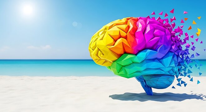 rainbow colored brain with butterflies on beach
