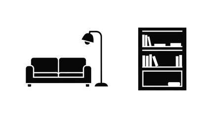 Minimalist room interior with furniture including a sofa and bookshelf silhouette © FARABI