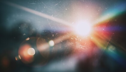 Fototapeta premium Vintage Film Aesthetic: Light Leaks, Scratches, Noise, Iridescent Light, Lens Flare, Bokeh, Dust, Grain, Distressed Retro Movie, Photo Burn Effect.