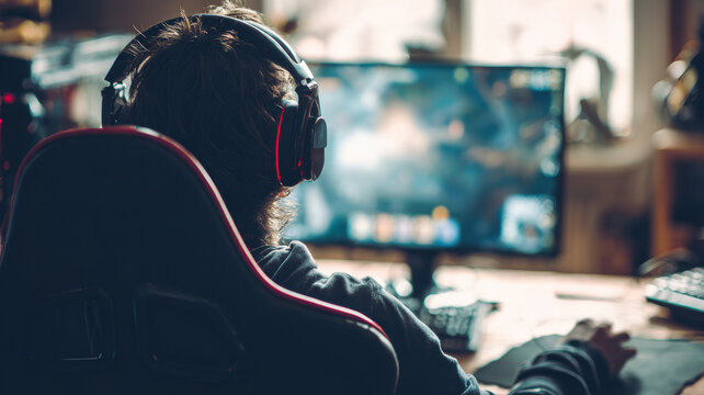 Fun gaming entertainment. A man seated in a gaming chair, wearing headphones, intently focused on a computer screen. The desk in front of him contains a keyboard and mouse.