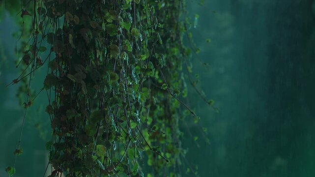 Lush green vines with raindrops falling, refreshing nature background