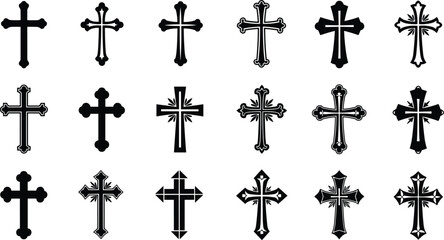 Fototapeta premium Christian Cross Icon Set Vector Illustration with Religious Crucifix Symbols Collection for Church Faith Spirituality and Sacred Design Elements