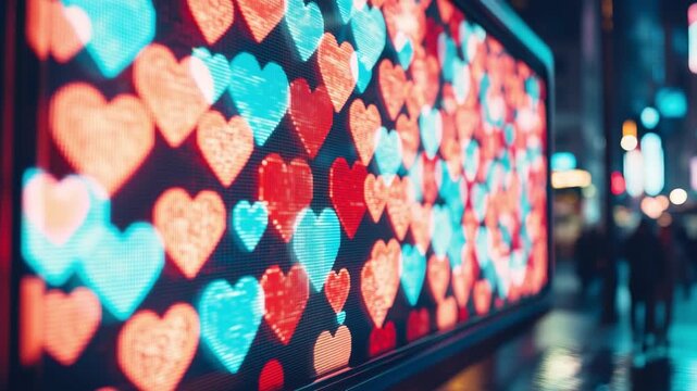 Vibrant city night reflections with digital heart lights on a display screen