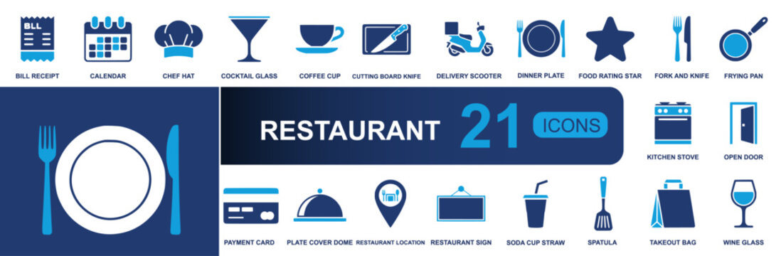 Restaurant icon set. Containing chef hat, dinner plate, kitchen stove, spatula, takeout bag, wine glass, payment card, delivery scooter and more. Solid vector icons collection for dining.