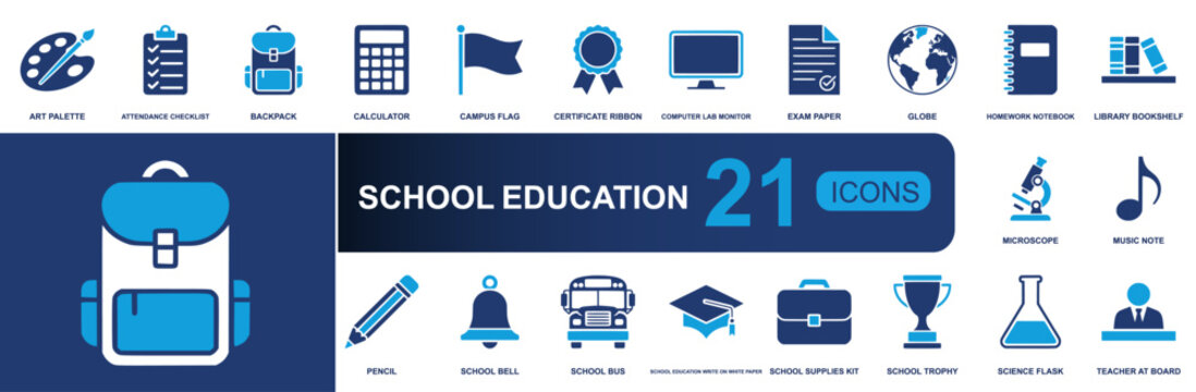 School education icon set. Containing backpack, exam, homework, bus, pencil, bell, globe, microscope, flask, trophy, graduation cap and more. Solid vector icons collection for learning.