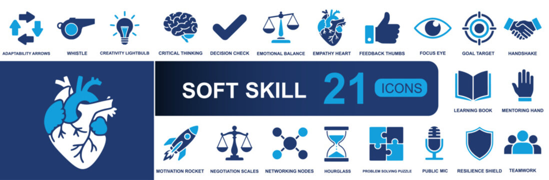 Soft skill icon set. Containing adaptability, creativity, critical thinking, empathy, teamwork, mentoring, negotiation, resilience, feedback and more. Solid fill vector icons collection.