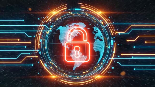 Cybersecurity: Depicting a globe at the center, overlaid with a glowing lock, this image embodies the concept of digital security.
