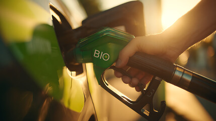 Closeup perspective of a hand holding a green fuel nozzle, refilling a vehicle with sustainable energy under warm, late afternoon sunlight at a station