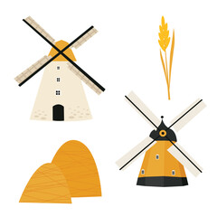 Set of vector illustrations of the village of Meltsy, hay © Kseniya