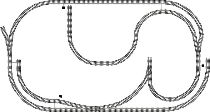 Model railway track layout top view illustration, train rail network design, detailed railroad map with curves and switches, vector isolated