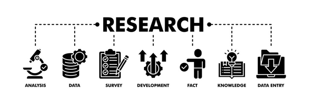 Research banner web glyph vector illustration concept with icon of analysis, data, survey, development, fact, knowledge and data entry