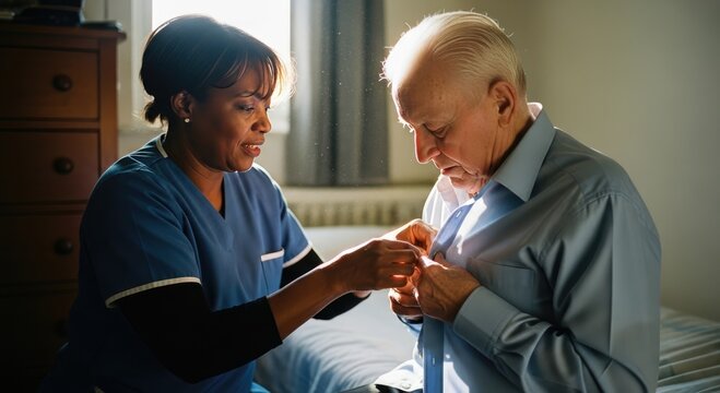 Medical nurse helping senior patient in hospital ward. Concept of elderly care dementia support and compassion.