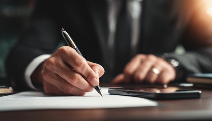 Fototapeta premium Businessman Signs Official Contract In Office With Smartphone On Desk - Close Up Shot With Copy Space And Flare Light. Business Deal.