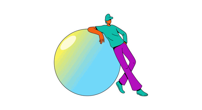 Confident B2B strategist leaning on a sphere of innovation representing scalable digital solutions and creative brand stability