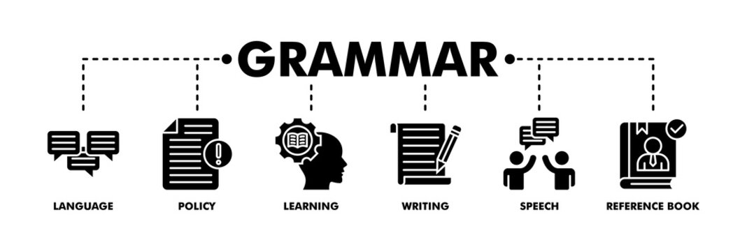 Grammar banner web glyph vector illustration concept for languange education with icon of communication, policy, learning, writing, speech, and reference book