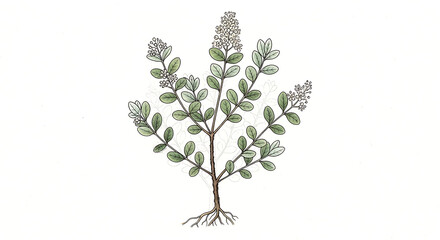 Fototapeta premium Detailed botanical illustration of a flowering plant with roots and leaves
