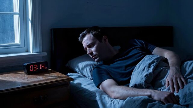 Man sleeping peacefully in bed as early morning hours pass. Digital clock on bedside table shows time advancing from 3:45 AM to 4:15 AM in dim bedroom.