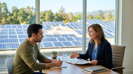 Naklejka premium Medium shot of a lender discussing loan options for solar gear installation with softfocus sunlit solar panels in the backdrop illustrating green investment benefits.