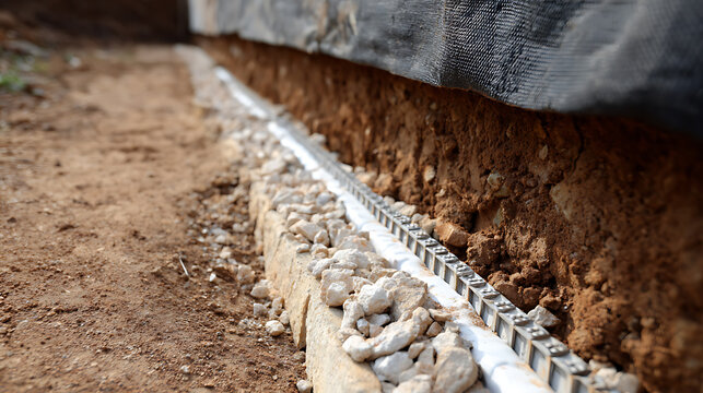 Foundation footer drain trench with gravel and dirt visible, showcasing construction details for effective water management around a building structure