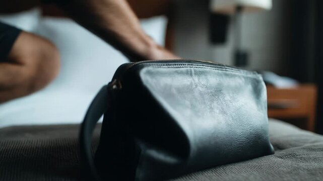 Close-up of hands zipping a black leather toiletry bag on a bed