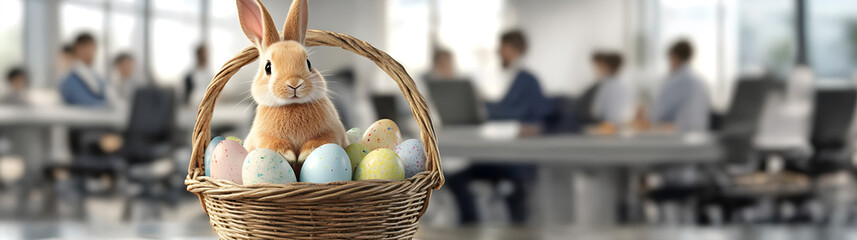 Fototapeta premium Easter rabbit and basket full of colorful Easter eggs on the business office desk with laptops, papers and businessmen in the background. Concept of Easter celebration in business environment.