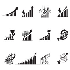 Fototapeta premium Simple black vector icon set of city buildings and industrial skyline for business and urban design