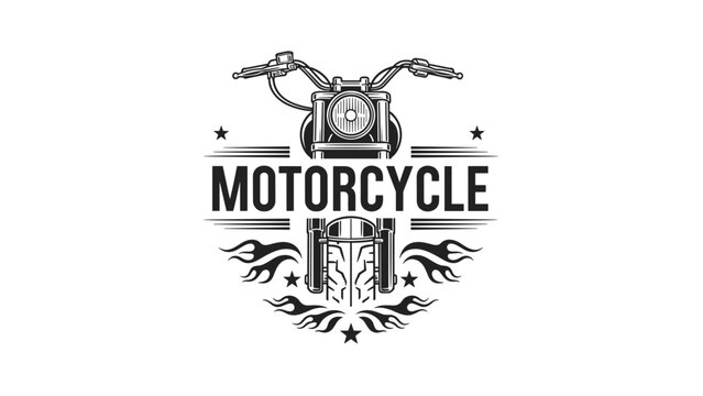 Detailed motorcycle emblem features a front view of a vintage bike framed by flames and stars with the word motorcycle in the center.