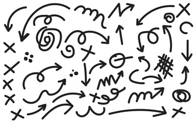 A collection of various hand drawn arrows and symbols on a white background