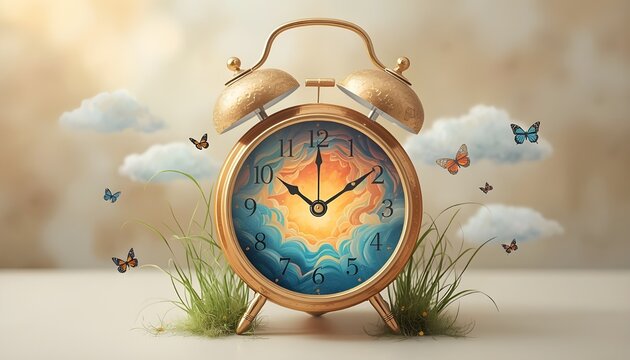 A whimsical illustration of an alarm clock surrounded by butterflies and clouds at sunset
