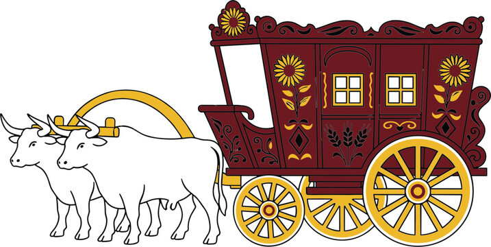 Ornate traditional gypsy wagon illustration with oxen, vintage wooden caravan, floral decorative folk art, rustic rural transport design isolated