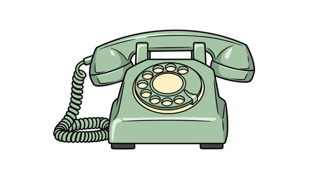 Retro rotary dial telephone in a classic light green color is illustrated with a coiled cord on a clean white background for a vintage look.