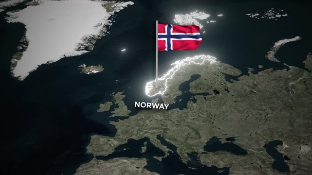 Norway Glowing Border Map Animation with 3D Waving of Norway National Flag on World Map