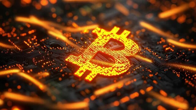 Glowing bitcoin logo on circuit board: digital cryptocurrency concept in futuristic technology