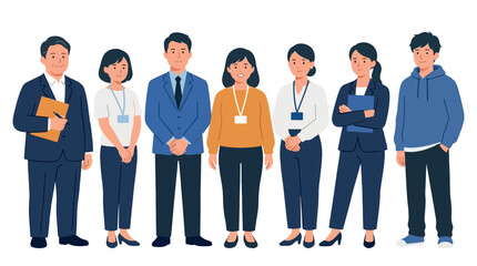 Fototapeta premium Diverse professional team lineup with ID badges for corporate staffing workforce diversity business presentations and organizational content