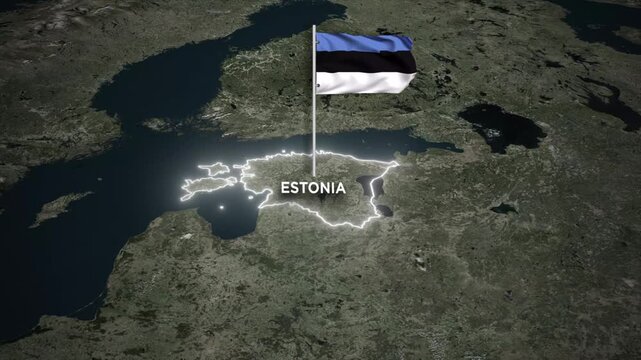 Estonia Glowing Border Map Animation with 3D Waving of Estonia National Flag on World Map