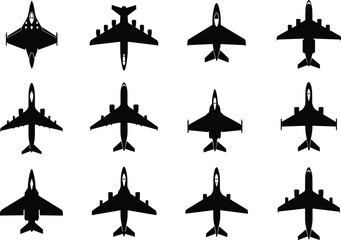 Airplane silhouettes top view collection with various passenger jets isolated vector set for aviation design transport icons and travel themes © Aurati