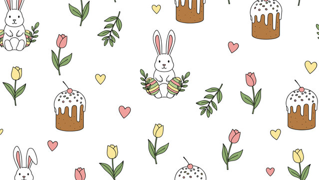 Adorable seamless pattern for Easter featuring cute bunnies with eggs, traditional kulich cakes, spring tulips, and small hearts, on white background.