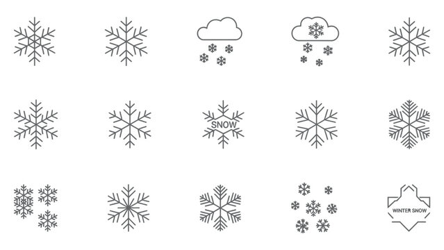 Winter snowflake icons set with frozen crystal patterns, snowing clouds and winter season symbols