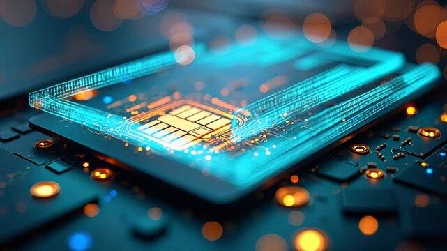 Macro Golden Microchip on Dark Smart Card Digital Payment Concept