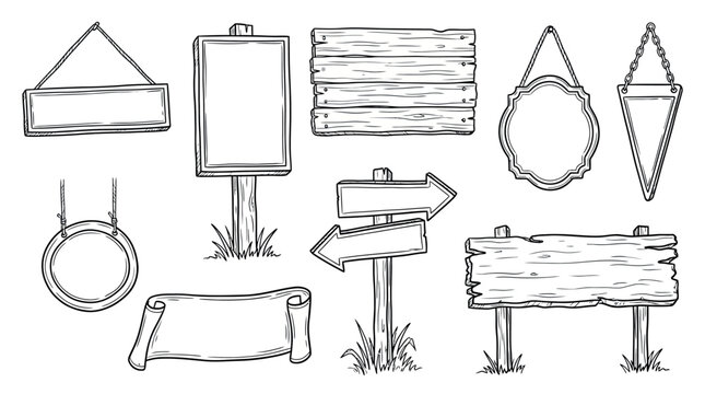 Hand Drawn Wooden Sign and Banner Collection for Rustic Retail, Wayfinding, Game UI, and Vintage Label Design Applications